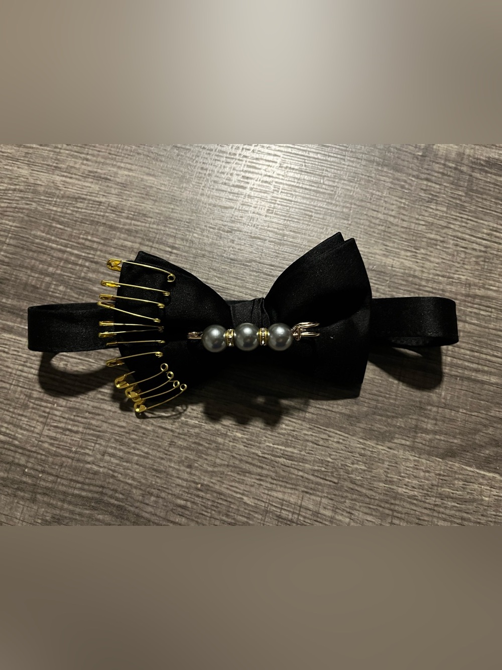 Black Satin Bow Tie with Gold Accents and Pearls
